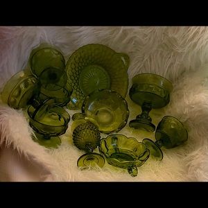 10 piece lot of Avocado green depression glass.